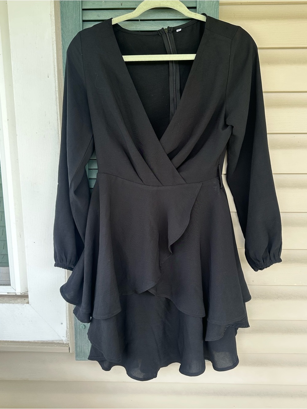 Black Long Sleeve Wrap Style Ruffle Dress | XS